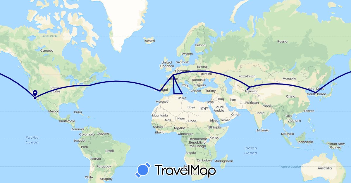 TravelMap itinerary: driving in Algeria, France, South Korea, Portugal, Tunisia, United States, Uzbekistan (Africa, Asia, Europe, North America)
